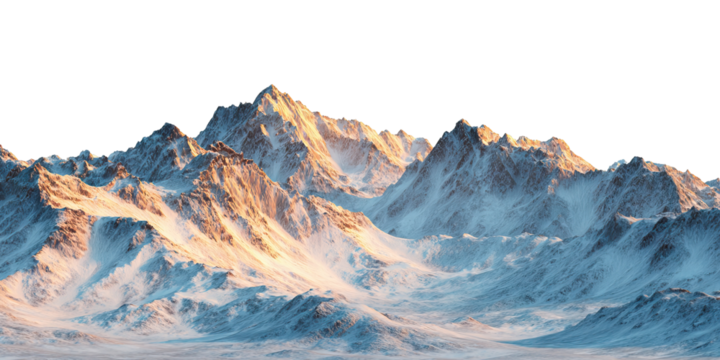 Snow-covered mountain range at sunrise or sunset, isolated on transparent cutout background