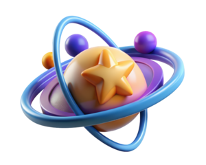 3d planet with star and orbiting rings and spheres design3d illustration isolated on transparent background