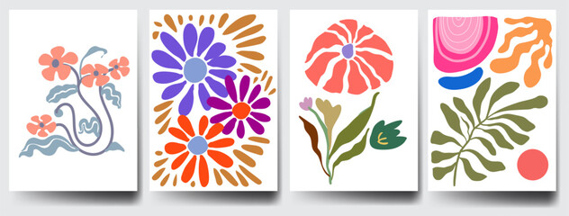 Groovy abstract flower art set. Organic doodle shapes in trendy naive retro hippie 60s 70s style. Contemporary doodle art design for print, wallpaper, clipart, wall art for home decoration, poster.