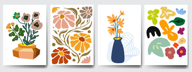 Groovy abstract flower art set. Organic doodle shapes in trendy naive retro hippie 60s 70s style. Contemporary doodle art design for print, wallpaper, clipart, wall art for home decoration, poster.