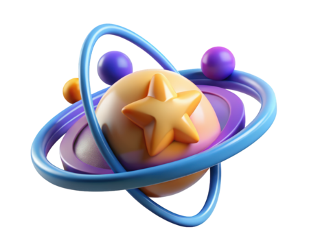 3d planet with star and orbiting rings and spheres design3d illustration isolated on transparent background - Powered by Adobe