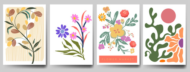 Groovy abstract flower art set. Organic doodle shapes in trendy naive retro hippie 60s 70s style. Contemporary doodle art design for print, wallpaper, clipart, wall art for home decoration, poster.