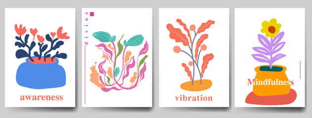 Groovy abstract flower art set. Organic doodle shapes in trendy naive retro hippie 60s 70s style. Contemporary doodle art design for print, wallpaper, clipart, wall art for home decoration, poster.
