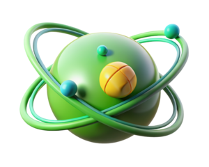 Abstract atomic structure model spheres and orbitals minimalist design 3d illustration isolated on transparent background