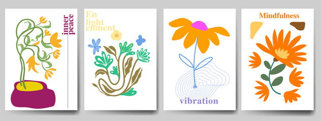 Groovy abstract flower art set. Organic doodle shapes in trendy naive retro hippie 60s 70s style. Contemporary doodle art design for print, wallpaper, clipart, wall art for home decoration, poster.