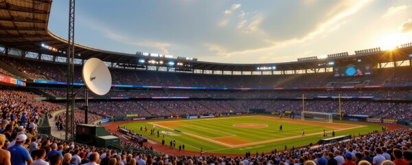 a sports event being broadcast live using large antennas and mobile radio stations surrounding the stadium