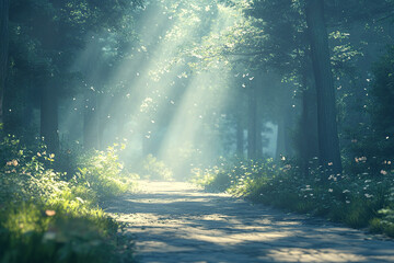 Beautiful view of foggy old forest with sunbeams, shadows and fog.