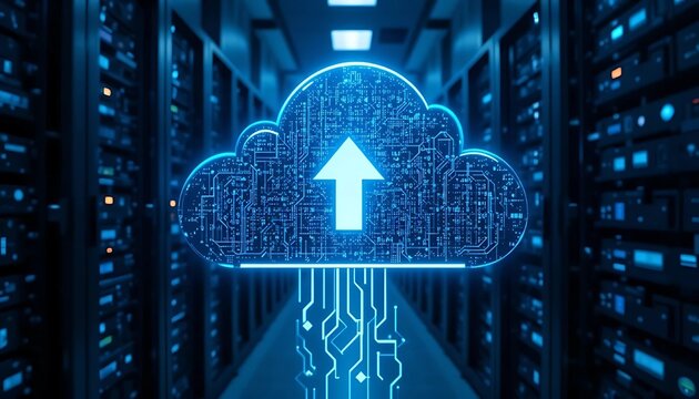  A glowing, futuristic cloud with an upload arrow, hovering in a dark server room. Conceptual image of cloud computing, data upload, network technology, and digital storage. Perfect for tech, IT, and 