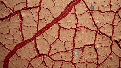 Illustration of a prominent red fissure runs through a field of cracked, dry earth, revealing texture