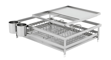 Silver Dish Rack Dries Dishes Efficiently in Kitchen, Featuring Utensil Holder and Tray, Clean