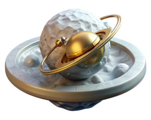 Abstract cosmic arrangement featuring a golden planet rings and a textured moon on a decorative plate 3d illustration isolated on transparent background