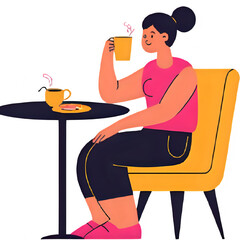 Woman Sitting at Caf&eacute; Table Drinking Coffee &ndash; Flat Vector Illustration