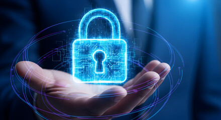 Businessman Holding Blue Holographic Digital Lock Symbolizing Cybersecurity, Data Protection, and Digital Privacy