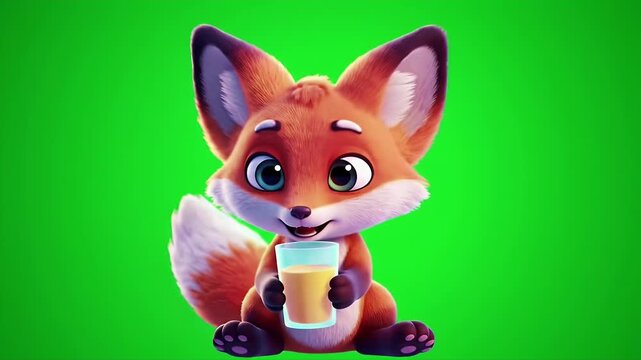 Animated Orange Fox Holding a Glass of Orange Juice on Green Screen Background, Cute Vulpini Character with Big Blue Eyes, Perfect for Children's Education and Health Promotion Stock Video