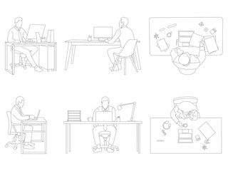 Set of people working on the table outlines in various poses isolated on white background. Vector Illustration.