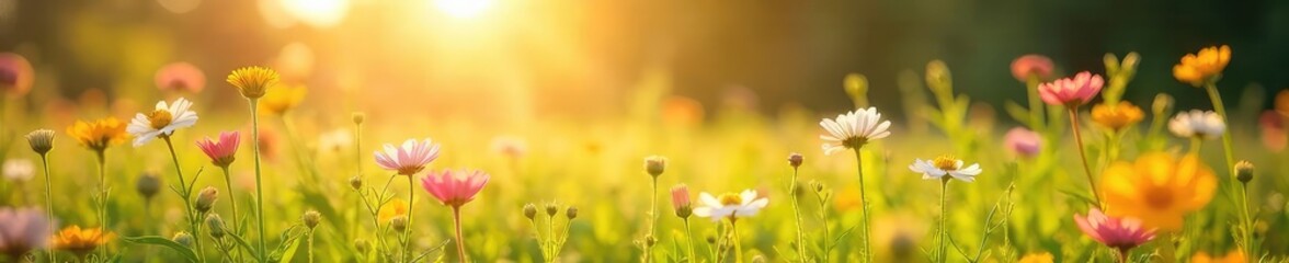 Fototapeta premium A sun-drenched field of wildflowers gently swaying in the breeze, embodying effortless joy and tranquility Perfect for concepts of peace, serenity, and well-being , bloom, optimism