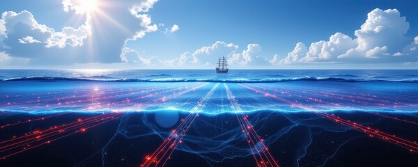 a digital art representation of how optical fibers carry light signals over long distances with minimal loss across the ocean floor