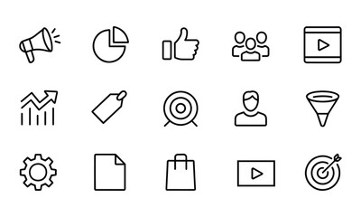 Minimalist Marketing Outline Icons Set – Pixel Perfect Thin Stroke Black Line Vector on White Background – Includes Megaphone, Pie Chart, Target, Hashtag, SEO Gear, and More