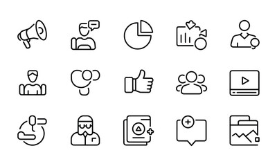 Fototapeta premium Minimalist Marketing Outline Icons Set – Pixel Perfect Thin Stroke Black Line Vector on White Background – Includes Megaphone, Pie Chart, Target, Hashtag, SEO Gear, and More
