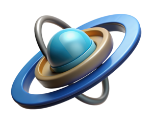 Abstract planet graphic with orbiting rings conceptual design 3d illustration isolated on transparent background