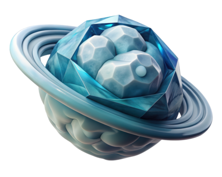 Abstract planet design featuring crystalline shapes and orbit rings in blue and white color scheme generative ai 3d illustration isolated on transparent background
