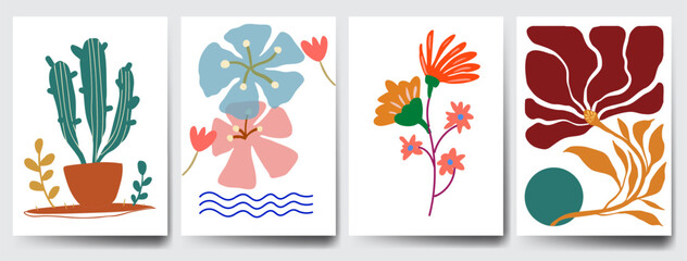 Botanical doodle background art vector set. Flower and leaves abstract shape doodle art design retro hippie 60s 70s style. for print, wallpaper, clipart, wall art for home decoration.