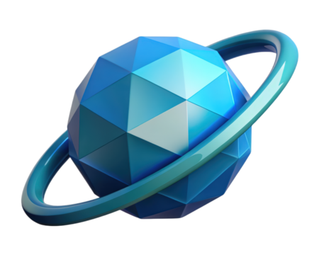 Abstract polygonal planet with ring orbiting in blue tones 3d illustration isolated on transparent background