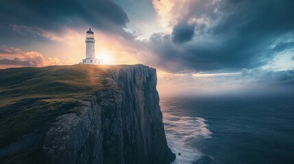 Lighthouse atop a dramatic cliff overlooking the ocean at sunrise.