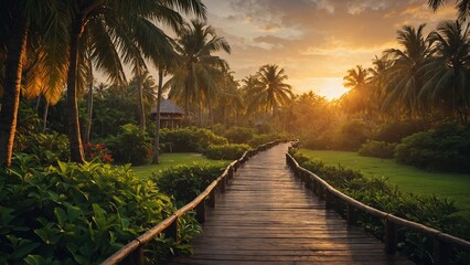 Obraz premium Tropical resort pathway at sunrise, ultimate relaxation