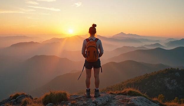 Hiker on a mountain peak looking out at the sunrise over a sea of clouds. - Powered by Adobe