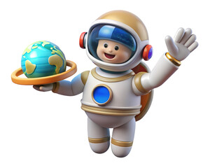 Fototapeta premium Adorable cartoon astronaut holding planet earth and waving hello cheerful space explorer ready for adventure 3d illustration isolated on transparent background