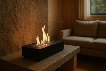 Modern bioethanol fireplace glowing in a small minimalist eco home living room Generative AI