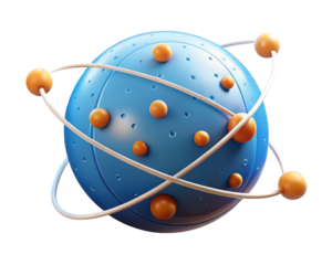 Atom model structure with electrons orbiting a nucleus concept 3d illustration isolated on transparent background