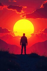 Obraz premium A lone figure is silhouetted against a vibrant sunset, emphasizing the feeling of being pushed from behind, towards an uncertain future , destiny, direction