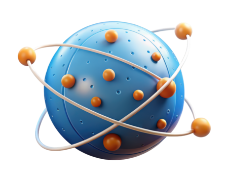 Atom model structure with electrons orbiting a nucleus concept 3d illustration isolated on transparent background