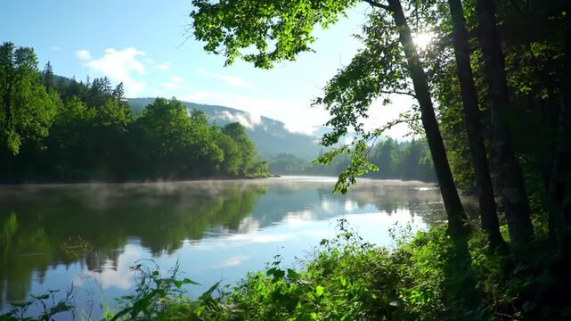 Image is a vibrant landscape photograph showcasing a lush, green forest surrounding a serene river. The scene is bathed in soft sunlight filtering through the dense canopy, creating a dappled light ef