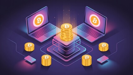 Digital currency mining and trading on laptops with glowing bitcoins