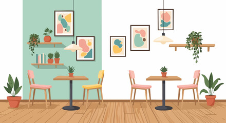 Interior illustration of a cafe or dining area with tables and plants