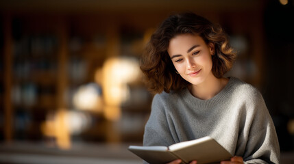 Student studying with e-book in a library with natural light