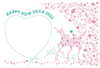 小花を纏い鳥を背にした馬とハートの2026年の年賀状～ピンクとグリーン～
