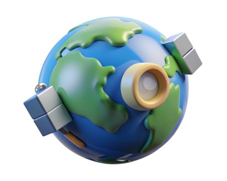 Cartoon earth planet with camera lens and satellites orbiting around globe 3d illustration isolated on transparent background