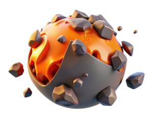 Cartoon planet core exposed with asteroids orbiting around it 3d illustration isolated on transparent background