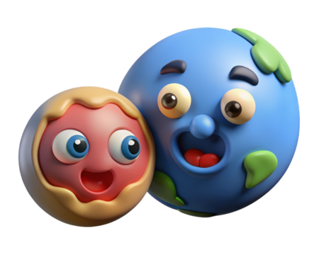Cartoon planet earth and moon funny rendered characters friendly space exploration concept 3d illustration isolated on transparent background
