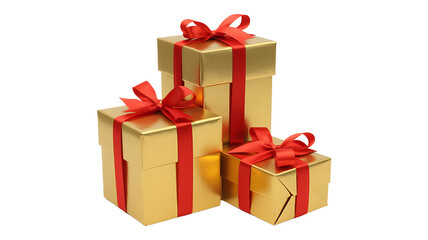 Golden gifts with red ribbons stacked high for any special occasion or holiday celebration