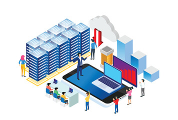 Fototapeta premium Modern Isometric Smart Cloud Database Processing Technology Illustration in White Isolated Background With People and Digital Related Asset