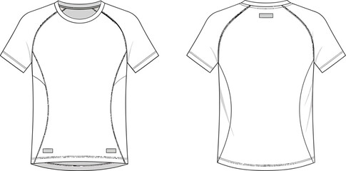 Plakat Men's sport t-shirt technical flat sketch. Raglan sleeve activewear apparel template front and back.