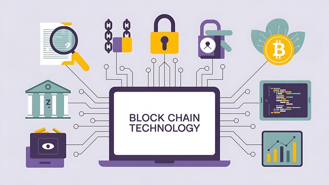 Blockchain technology concept with digital currency and security icons