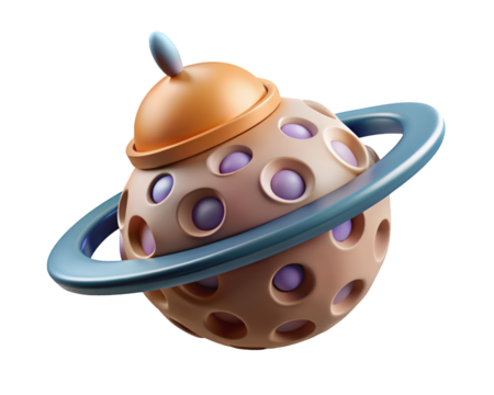 Cartoon planet with ring and dome topper 3d illustration isolated on transparent background
