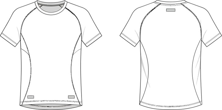 Men's sport t-shirt technical flat sketch. Raglan sleeve activewear apparel template front and back.