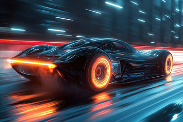 Obraz premium A racing car with flames of fire bursting out from under its wheels on a city street. Generated by artificial intelligence.